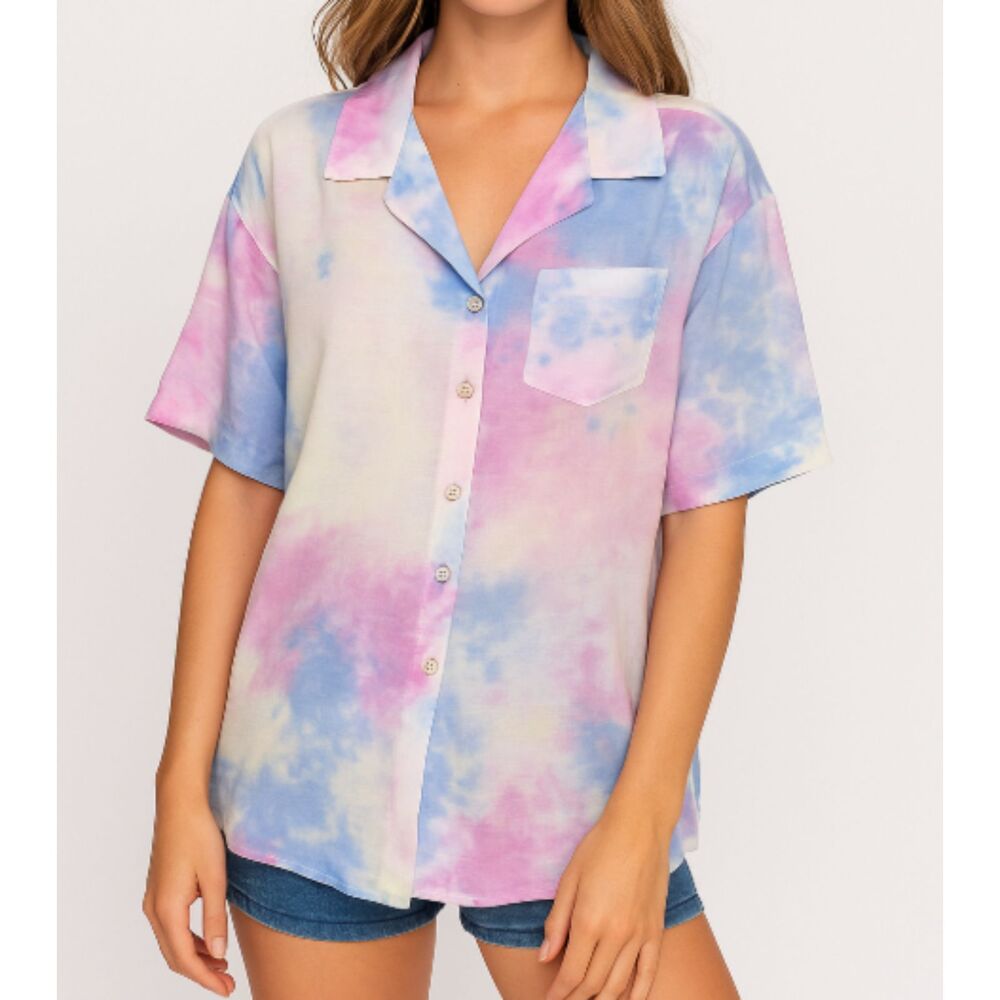 VICI Dolls Women’s Large Tie Dye Button Top Lightweight Shirt Pastel Multicolor
